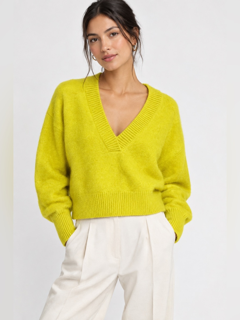 & Orher Stories Oversized V-neck Wool Alpaca Blend Yellow Sweater Size XS